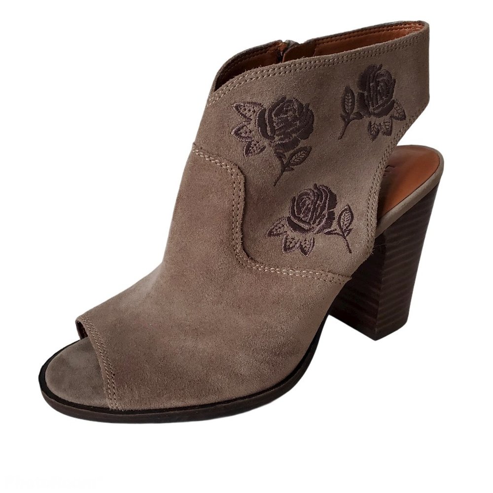 LUCKY BRAND Listana Taupe Suede Peep Toe Booties